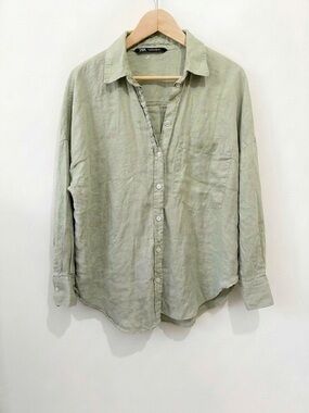 ZARA Sage Green 100% Linen Button Down Oversized Shirt Large